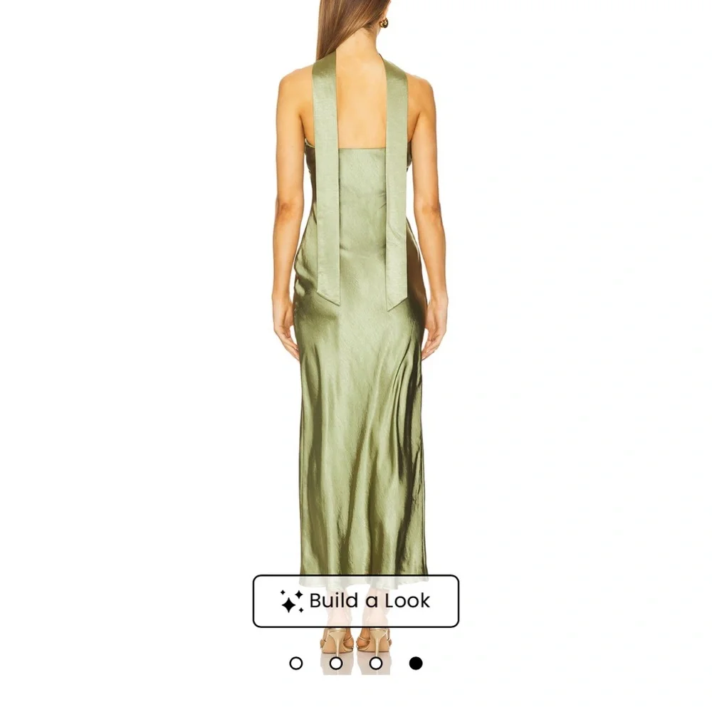 Angelina Neck Tie Olive Satin Maxi Dress - Picture 2 of 6